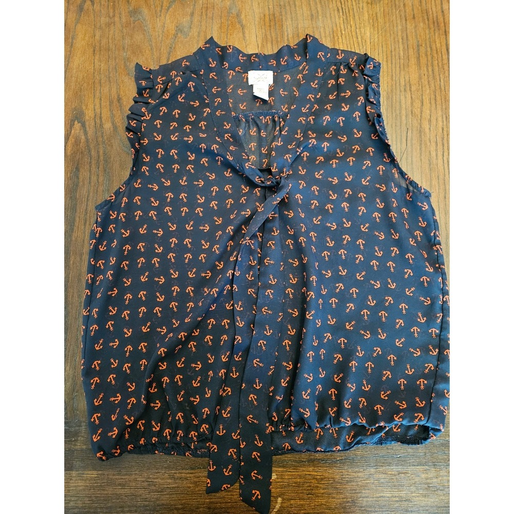 Eyelash Couture Womens Navy Blue Anchor Print Tie Neck Ruffle Blouse L